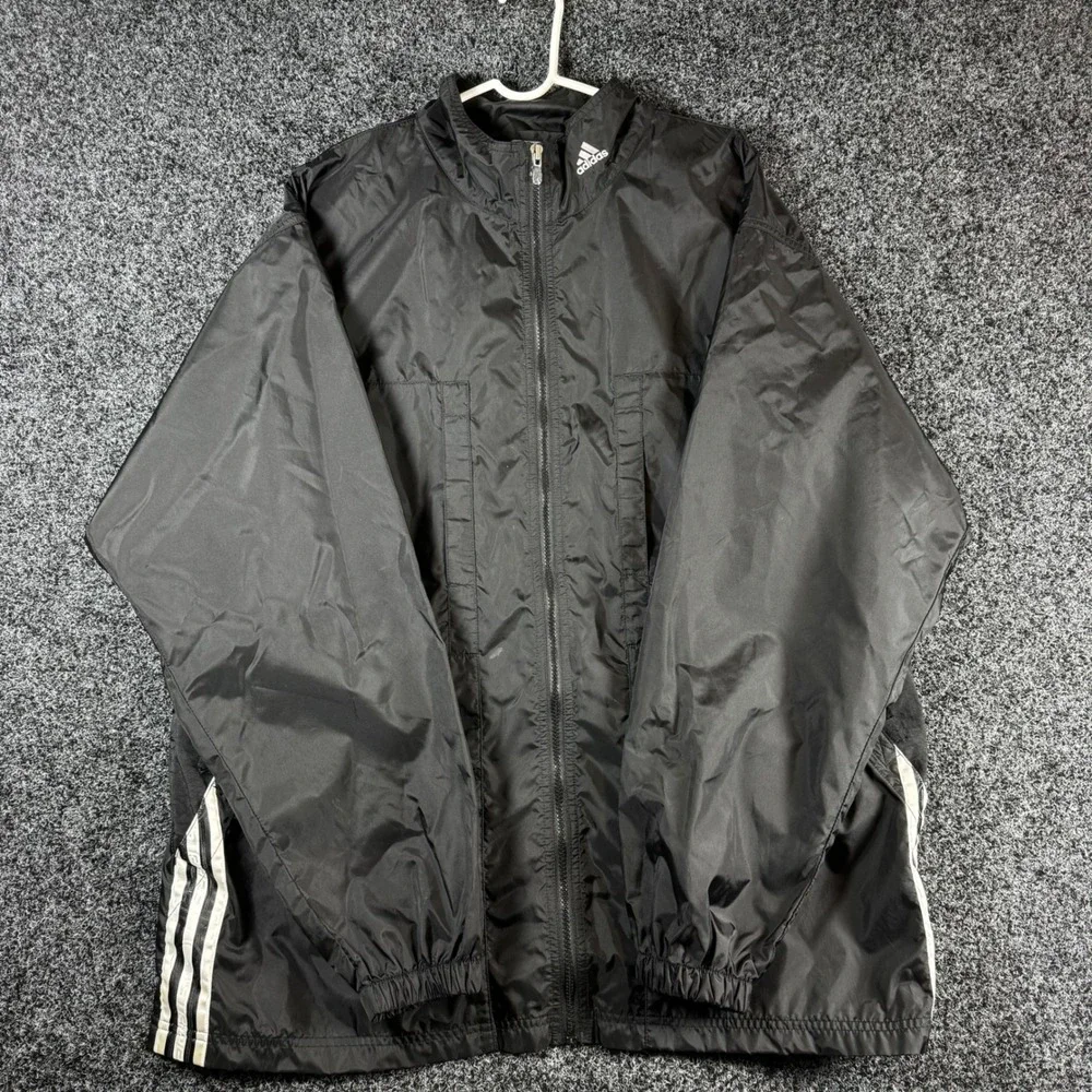 Adidas Vintage Windbreaker Jacket XL Black Full Zip Mesh Lined 3 Stripe Mens